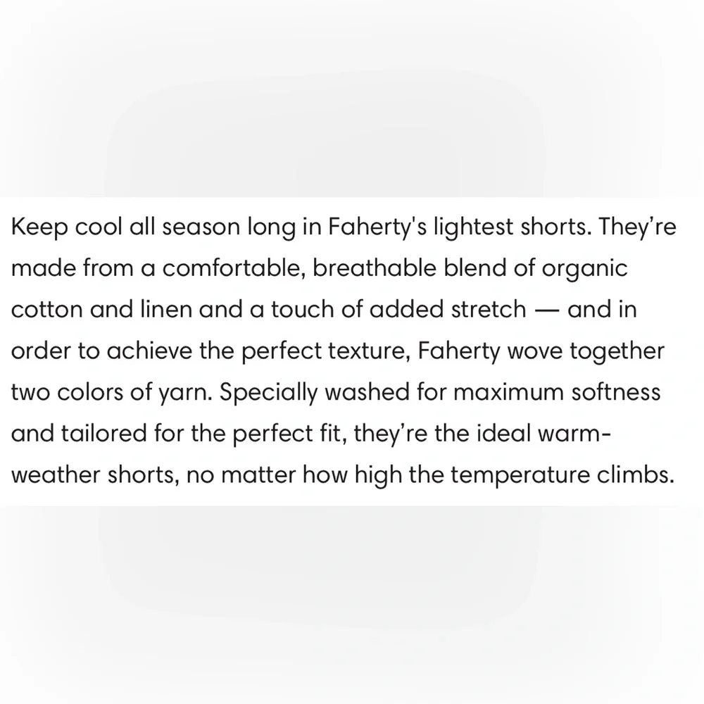 FAHERTY Tradewinds Organic Cotton Blend Shorts size 40 NWT